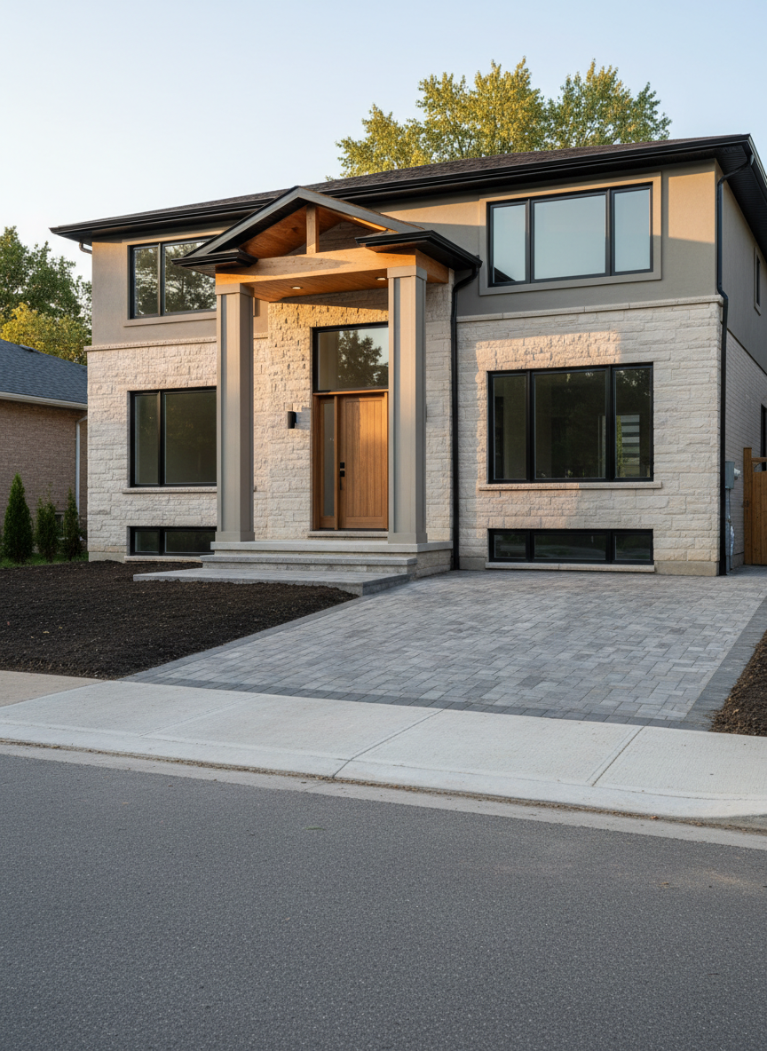 An exterior photographic view of a newly completed custom home renovation in an Ontario suburban neighborhood, emphasizing curb appeal and construction quality. The house features a fresh combination of light stone veneer and smooth fibre-cement siding in a warm greige tone, accented by black-framed energy-efficient windows. A new covered entryway with a cedar soffit and recessed lighting leads to a solid wood front door with modern hardware. The interlock stone driveway and clean concrete walkway are precisely laid, with tidy grading and fresh topsoil along the edges, ready for landscaping. Captured during golden hour, with warm sunlight skimming across the façade and casting gentle shadows that highlight textures. The composition is a slightly low, three-quarter angle, presenting the entire front elevation in crisp, realistic detail, conveying pride in residential renovation work.