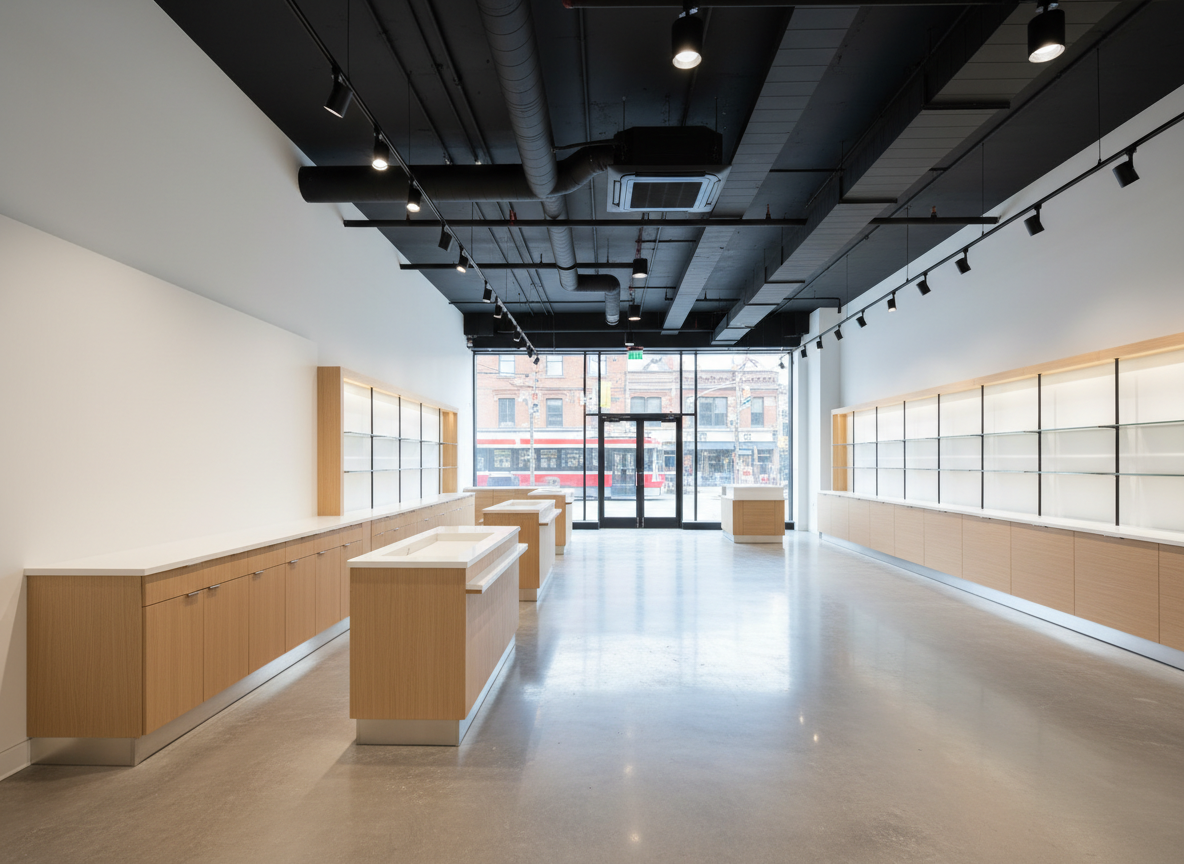 A realistic photographic image of a GTA retail fit-out nearing completion, showing a spacious, bright interior with newly installed finishes. Smooth, freshly painted white walls meet a high, open ceiling where exposed ductwork and cable trays are carefully aligned and painted matte black for a modern industrial look. A continuous run of track lighting and recessed fixtures provides even illumination, reflecting off a newly laid polished concrete floor. Millwork counters and display units in light oak veneer are perfectly aligned along one wall, with stainless-steel base trim. Front glazing allows natural daylight to pour in from the streetscape outside, subtly revealing an urban Toronto setting. The mood is clean, professional, and ready for occupancy. Shot from an eye-level perspective with a wide, rectilinear lens to avoid distortion, emphasizing craftsmanship and layout.