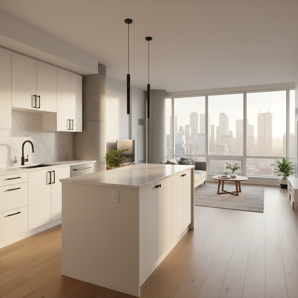 A meticulously renovated open-concept Toronto condominium interior, showcasing a seamless blend of modern and timeless materials. A feature wall of smooth, light-grey painted drywall meets a section of exposed concrete column, complemented by wide-plank oak flooring with a satin finish. Custom-built white cabinetry with matte black hardware defines the kitchen area, with quartz countertops and an undermount stainless-steel sink. Large floor-to-ceiling windows reveal a subtle GTA skyline beyond, bathing the space in soft late-afternoon natural light that creates gentle reflections on the floors. The atmosphere is calm, upscale, and move-in ready. Photographic realism, captured at eye level with a wide lens for clear, sharp detail from foreground to background, ideal for showcasing residential renovation quality.