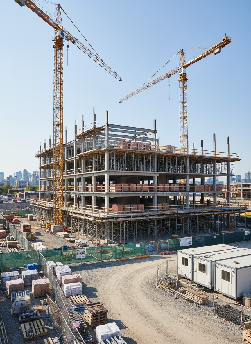 A wide-angle photographic view of an active commercial construction site in the Greater Toronto Area, with a partially completed mid-rise building featuring exposed steel beams, fresh concrete floors, and neatly stacked clay bricks. Tower cranes and scaffolding rise against a clear Ontario sky, while organized pallets of construction materials line a gravel access path. Safety fencing and temporary site trailers frame the perimeter. Captured in crisp midday light that casts defined shadows and highlights the clean geometry of the structure. The mood is professional and efficient, emphasizing progress and organization. Shot from a slightly elevated angle with sharp focus throughout, creating a realistic, documentary-style image that feels like a real GTA worksite rather than generic stock imagery.