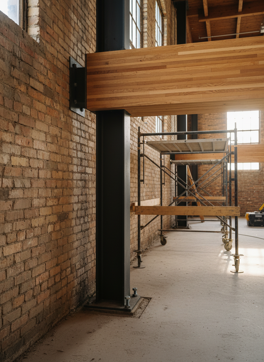 A detailed photographic close-up of structural renovation work inside an older Ontario brick building, showcasing careful integration of new and existing elements. Original red clay brick walls with weathered texture frame a newly installed laminated timber beam supported by a black steel column anchored to a fresh concrete footing. Temporary bracing and shoring systems are visible but neatly arranged, indicating controlled structural work. Sunlight from high industrial windows creates angled beams of light that skim across the brick and timber, highlighting grain and surface detail while casting long, soft shadows on the slab. The atmosphere is serious and technical, emphasizing engineering precision. Captured from a low, three-quarter angle, with sharp focus on the connection between steel, timber, and brick, and a slightly blurred background that hints at the larger renovation space.