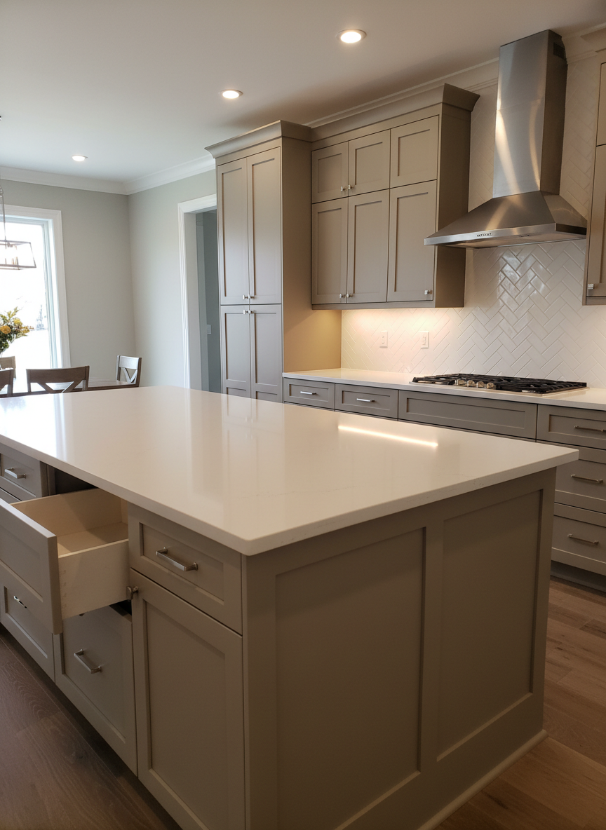 A detailed photographic close-up of a high-end residential kitchen renovation in an Ontario home, focusing on the precision of craftsmanship. A large central island with a waterfall-edge white quartz countertop anchors the scene, its smooth surface subtly reflecting overhead recessed lighting. Shaker-style cabinets in warm matte taupe align perfectly, with clean reveals and soft-close hardware just visible. A herringbone-patterned subway tile backsplash in glossy white adds texture, framed by a sleek stainless-steel range hood and induction cooktop. Natural daylight filters in from an unseen window, mixing with the warm artificial light to create a balanced, inviting glow. Shot from a slightly elevated three-quarter angle with shallow depth of field that keeps the island in crisp focus while softly blurring the far wall, conveying professionalism and modern elegance.