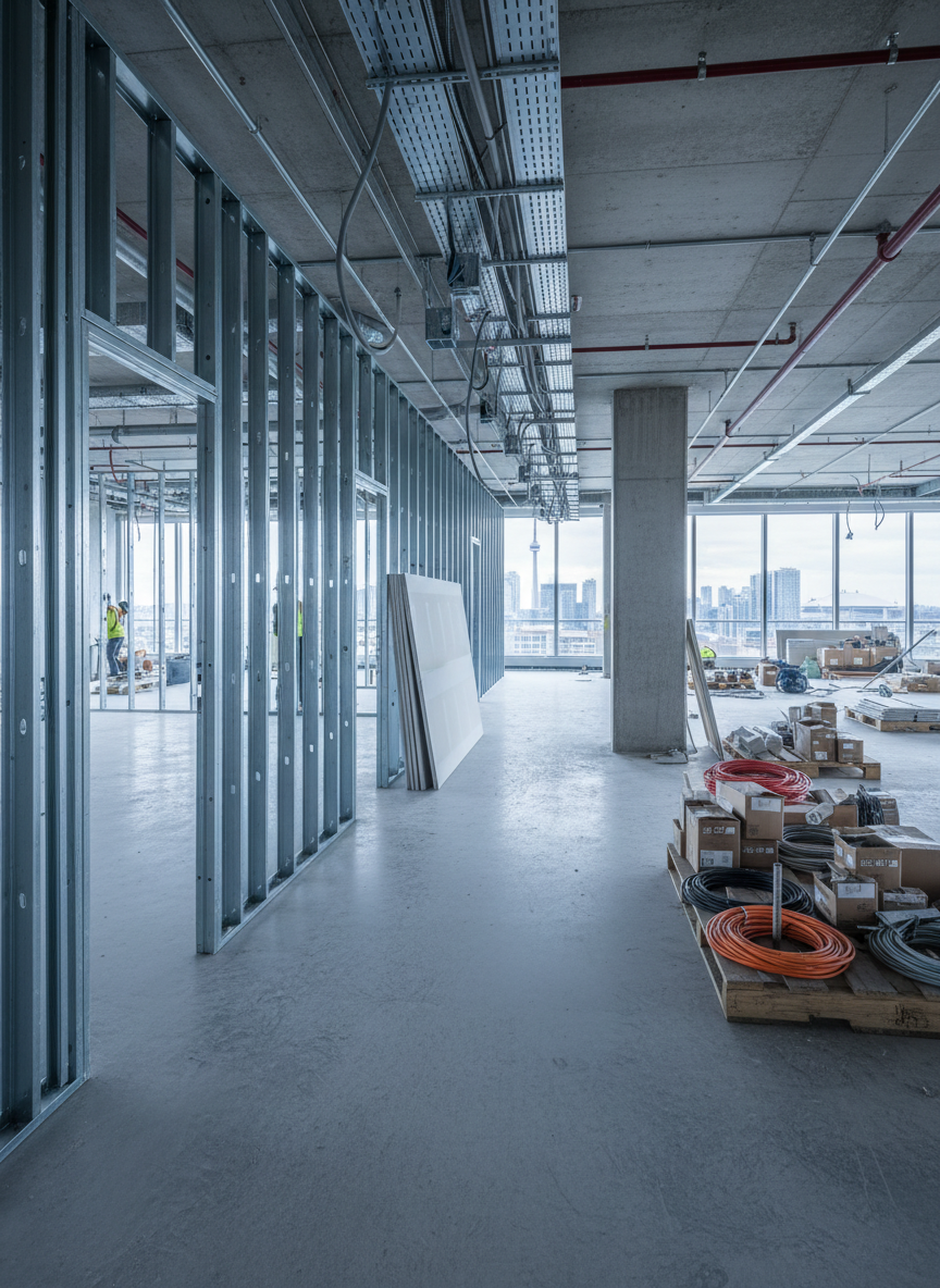A realistic photographic scene of a GTA commercial office renovation in progress, showing a partially finished floor with framed interior walls. Metal stud partitions neatly align in rows, anchored to a newly levelled concrete slab. Electrical conduit and junction boxes are precisely installed, ready for drywall. Stacks of gypsum boards lean against a structural column, while neatly coiled cables and labeled material pallets indicate an organized site. Large perimeter windows reveal a soft overcast Toronto skyline, bathing the interior in diffused natural light that minimizes harsh shadows. The mood is methodical and professional, highlighting careful planning. Captured from an eye-level perspective with a wide composition that shows depth down a corridor, emphasizing real-world construction rather than staged stock imagery.