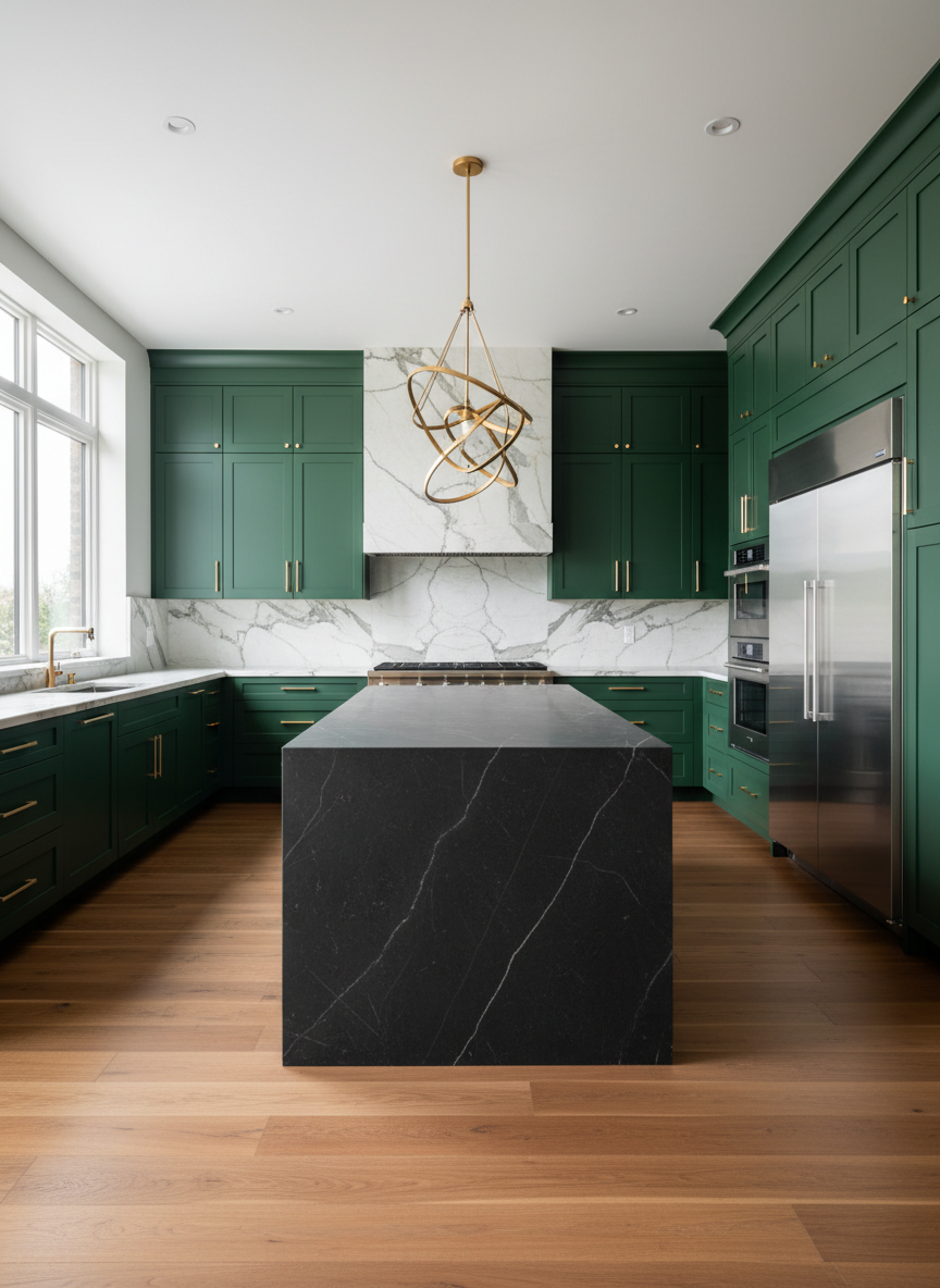 A stunning high-end residential kitchen interior, luxurious and modern. Features a large waterfall-edge island in rich dark marble or deep charcoal stone, dramatic floor-to-ceiling custom cabinetry in deep navy or forest green with brushed gold hardware, a statement designer pendant lighting cluster above the island, thick book-matched marble slab backsplash, professional-grade stainless appliances, and wide-plank hardwood floors in warm walnut. Natural light streams in through oversized windows. Shot from a wide-angle perspective showing the full kitchen in sharp detail. The mood is bold, aspirational, and magazine-worthy — the kind of bespoke kitchen a premium Toronto renovation contractor would deliver.