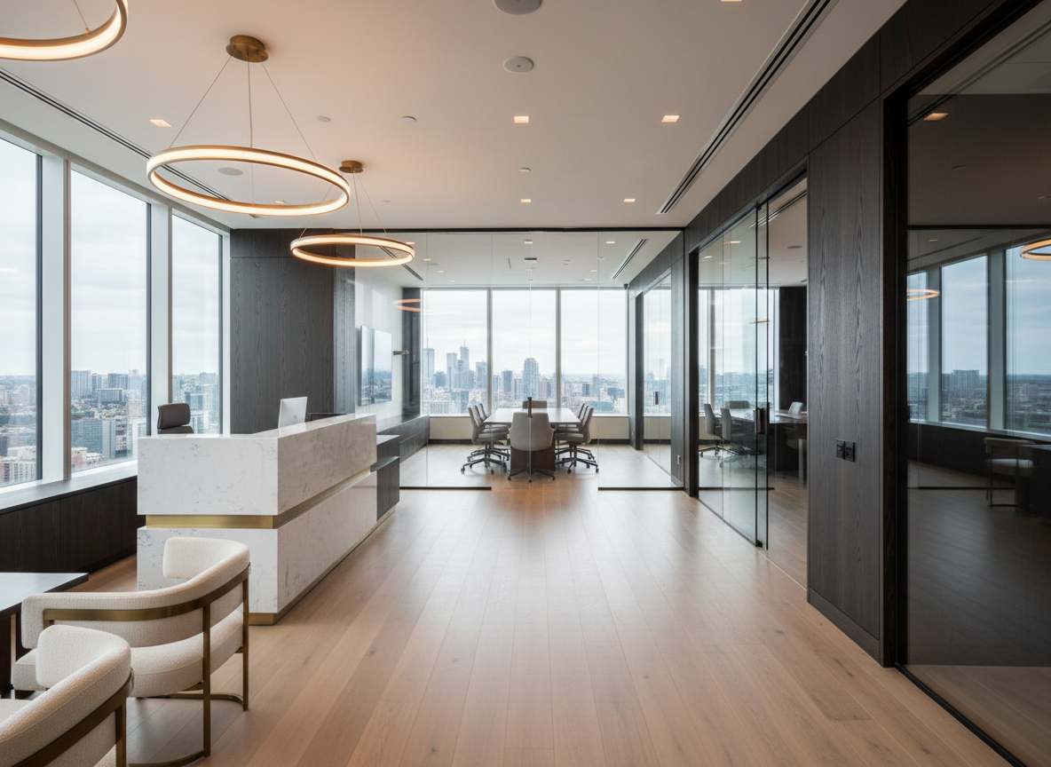 A stunning high-end finished commercial office interior, luxurious and polished. Features an open-plan layout with floor-to-ceiling glass partitions framing private offices, rich dark wood panel accents on feature walls, a sleek reception desk in white quartz and brushed brass, statement pendant lighting with warm amber glow, wide-plank light oak hardwood floors, and designer furniture in neutral tones — cream bouclé chairs, a long walnut boardroom table visible through glass. Natural light floods in through oversized windows with city views. Every surface is immaculate. Shot from a wide-angle perspective at eye level, showing depth and the full breadth of the space. Mood is sophisticated, executive, and aspirational — the kind of premium office fit-out a high-end Toronto commercial renovation firm would deliver.