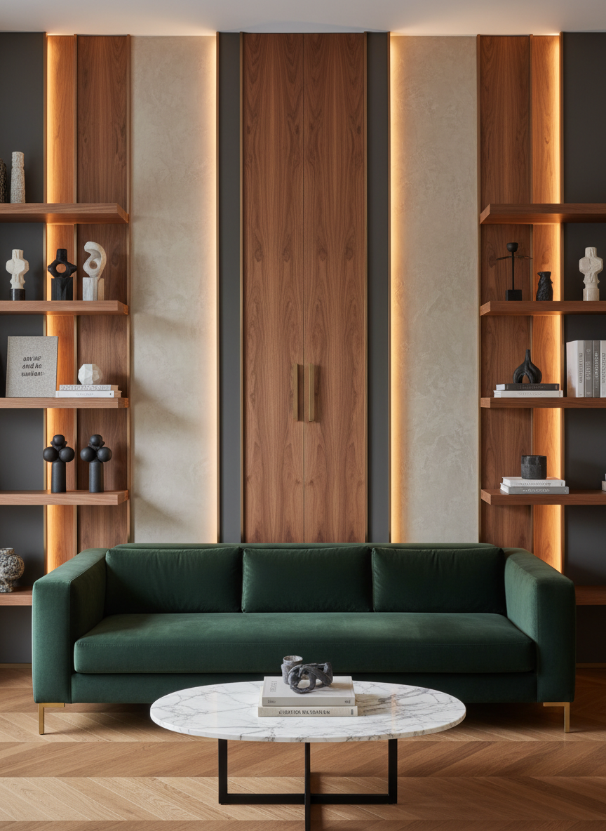 A stunning luxury custom home interior feature wall design. Floor-to-ceiling custom millwork wall paneling in a rich warm walnut and deep charcoal finish, with integrated LED strip lighting creating warm ambient glow behind the panels. Built-in floating shelving with curated decor — sculptural objects, art books, and soft accent lighting. Mix of textures: smooth plaster sections alongside warm wood slats and brushed metal inlays. In front: a plush velvet sofa in deep emerald green, a round marble coffee table, and herringbone hardwood floors. Shot straight-on showing the full wall design in sharp detail. Warm, balanced lighting. Mood is bespoke, luxurious, and editorial — the kind of custom interior feature wall a premium Toronto renovation firm would craft.